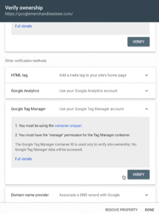 Step 2: Choose Google Tag Manager in GSC